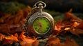 Autumn-inspired Brown Pocket Watch With Peridot Stone Royalty Free Stock Photo