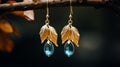 Autumn-inspired Gold Leaf And Blue Glass Earrings With Apatite Stone