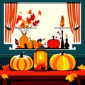 Autumn interior with pumpkins, candles and autumn leaves. Vector illustration generative AI Royalty Free Stock Photo