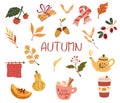 Autumn items. Autumn bundle of cute and cozy design elements. Greeting card small autumn pleasures with tea, pumpkin, leaves,