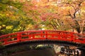 Autumn Japan Red wooden bridge Kyoto Royalty Free Stock Photo