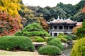 Autumn Japanese garden view red maple Taiwan pavilion Tokyo