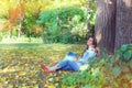 Autumn, jeans girl outside Royalty Free Stock Photo