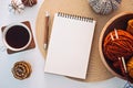 Autumn Journal, Journaling Techniques Tips for Writing Morning Pages in fall winter season. Open empty mockup notebook Royalty Free Stock Photo