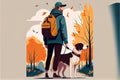 Autumn journey of a man with a dog, background.