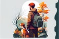 Autumn journey of a man with a dog, background.