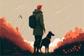 Autumn journey of a man with a dog, background.