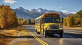 Autumn Journey. School Bus Amidst Rocky Mountain Splendor. Generative AI