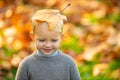 Autumn kids, lovely child playing with fallen leaves in autumn park, yellow leaf.