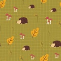 Autumn kids vector background. Hedgehog toadstool mushrooms acorn leaf seamless vector pattern. Scandinavian children Royalty Free Stock Photo