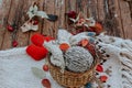 Autumn knitting of warm clothes. Woolen balls of knitting needles knitted hearts. Self-made things with love. Idea for