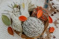 Autumn knitting of warm clothes. Woolen balls of knitting needles. Self-made things with love. Idea for handmade gifts