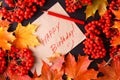 Autumn Label with the Words Happy Birthday on it