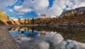 Autumn on lake Limides and views of mount Averau Royalty Free Stock Photo