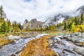 Autumn at Lake O`Hara in Canadian Rockies With Yukness Mountain on Moor Lakes Royalty Free Stock Photo