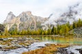 Autumn at Lake O`Hara in Canadian Rockies With Yukness Mountain on Moor Lakes Royalty Free Stock Photo