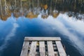 Autumn lake with an old wooden bridge Royalty Free Stock Photo