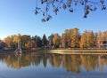 Autumn by the lake in VDNH VVC park, Moscow. Zolotoy Kolos fountain. Royalty Free Stock Photo