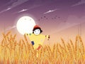 Autumn landscap with ripe wheat fields and cute scarecrow in sunny day, Cute cartoon smiling scarecrow standing on fram fields in