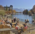 Autumn landscape with Aare lake and the Alps mountains from in Thun. Switzerland