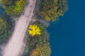 Autumn landscape aerial view. Road with yellow and green trees through lake. Road crossing blue lake. Scenic fall nature. Autumn
