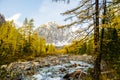 Autumn landscape with the Aktru river and Karatash peak. Altai mountains in cloudy weather. Siberia. Russia Royalty Free Stock Photo