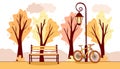 Autumn landscape. Background. City Park. Park bench, lantern, bike.