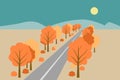 Autumn landscape background with road, trees, sun and mountain.