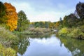 Autumn landscape on the Bank of the river with a reflection of the cloudy sky and a bright yellow maple. Background