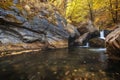 Autumn landscape beautiful colored trees over the river, glowing in sunlight. wonderful picturesque background. Royalty Free Stock Photo