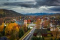 The autumn landscape of Bialka Tatrzanska village with a view of the Tatra Mountains. Poland Royalty Free Stock Photo