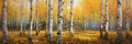 Autumn landscape with birch grove, panoramic view. Digital oil painting, printable horizontal artwork