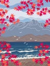 Autumn Landscape with Blue Sea, Mountains and Maple Branches