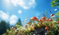 Autumn landscape in blue sunny sky with Flyagaric,red fly agaric mushroom on green grass with defocused foliage. Understory forest