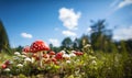 Autumn landscape in blue sunny sky with Flyagaric,red fly agaric mushroom on green grass with defocused foliage. Understory forest