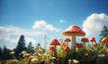 Autumn landscape in blue sunny sky with Flyagaric,red fly agaric mushroom on green grass with defocused foliage. Understory forest