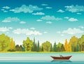 Autumn landscape - boat, lake, forest. Royalty Free Stock Photo