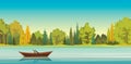 Autumn landscape - boat, lake, forest. Royalty Free Stock Photo