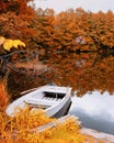 Autumn landscape boat on the shore of a forest lake Royalty Free Stock Photo