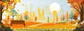 Autumn landscape with building city with blue sky behind the park,Vector illustration cartoon Fall season at the town in the