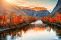Autumn landscape of Chulyshman river gorge in Altai mountains, Siberia, Russia Royalty Free Stock Photo