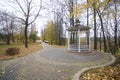 Autumn landscape in the city park. On the ground a carpet of fallen yellow leaves of different shades. At the turn of the footpath Royalty Free Stock Photo