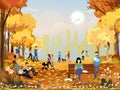 Autumn landscape in city park with happy people having fun, family walking the dog,boy talking on phone, man reading news paper Royalty Free Stock Photo
