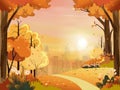 Autumn landscape with city park with pink, orange sky,Vector illustration cute cartoon in Fall season at the town in evening light Royalty Free Stock Photo