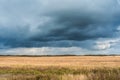 Autumn landscape with cloudy weather, large rainy clouds over a chamfered yellow field