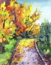 Autumn landscape - colorful park alley with trees, leaves and bench.