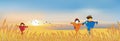 Autumn landscape with cute cartoon smiling scarecrow standing at ripe wheat and grass field,Panoramic village with meadow in fram
