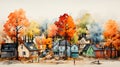 Autumn Landscape. Digital Art of Little Town. Fall in the Village. colorful Trees. Watercolor Style Art. Generative AI. Royalty Free Stock Photo