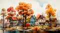 Autumn Landscape. Digital Art of Little Town. Fall in the Village. Generative AI. Royalty Free Stock Photo