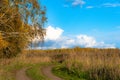 Rural road in autumn field under cloudy sky Royalty Free Stock Photo